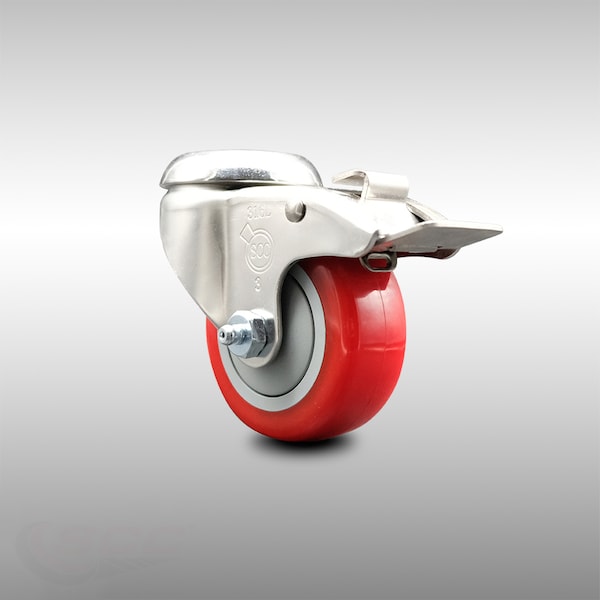 3 Inch 316SS Red Polyurethane Swivel Bolt Hole Caster with Total Lock Brake